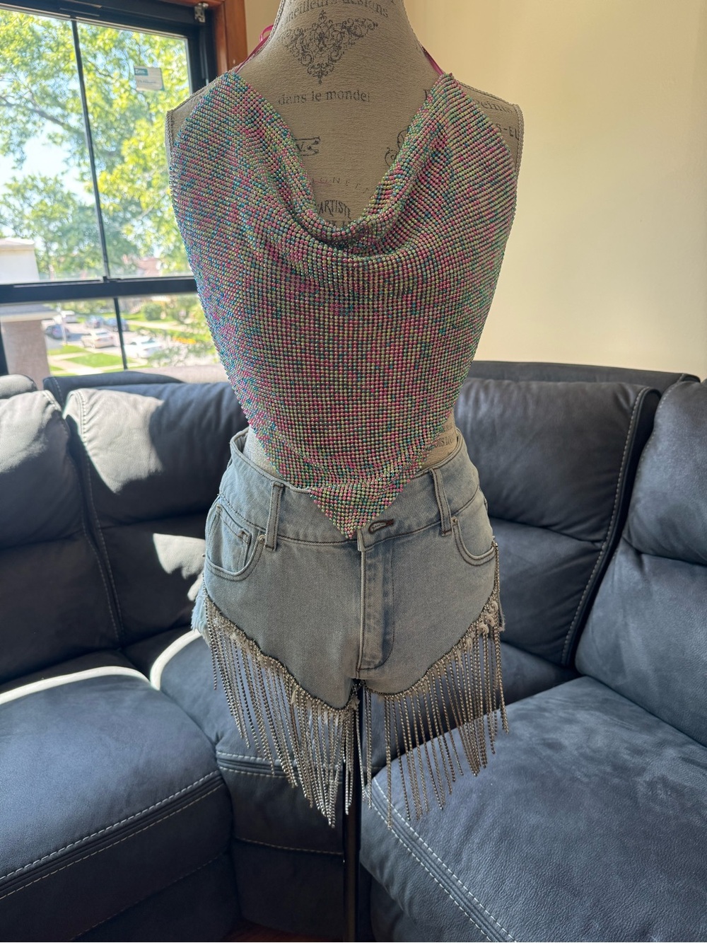 AKIRA Iridescent Beaded Halter Top in Multicolor